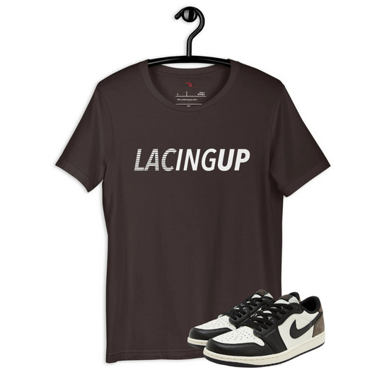 Jordan 1 low mocha lacing up brown t-shirt